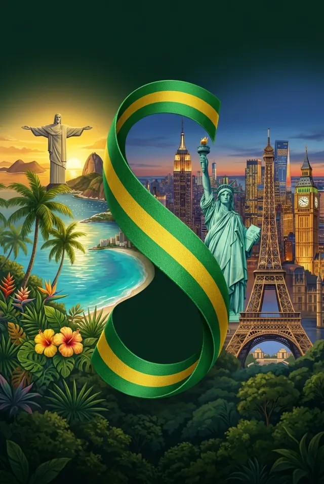 Cristo Redentor e Pão de Açúcar à esquerda, Estátua da Liberdade e Torre Eiffel à direita, unidos por uma fita verde-amarela em S